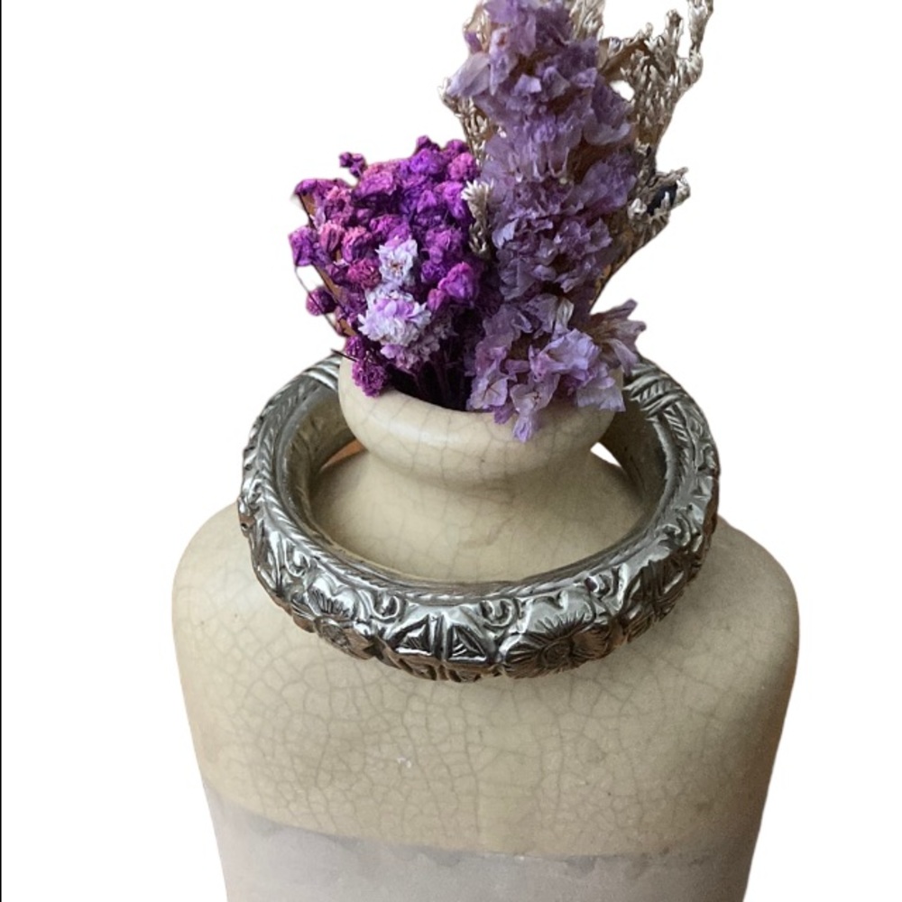 Boho Chunky Etched Silver Bangle Bracelet